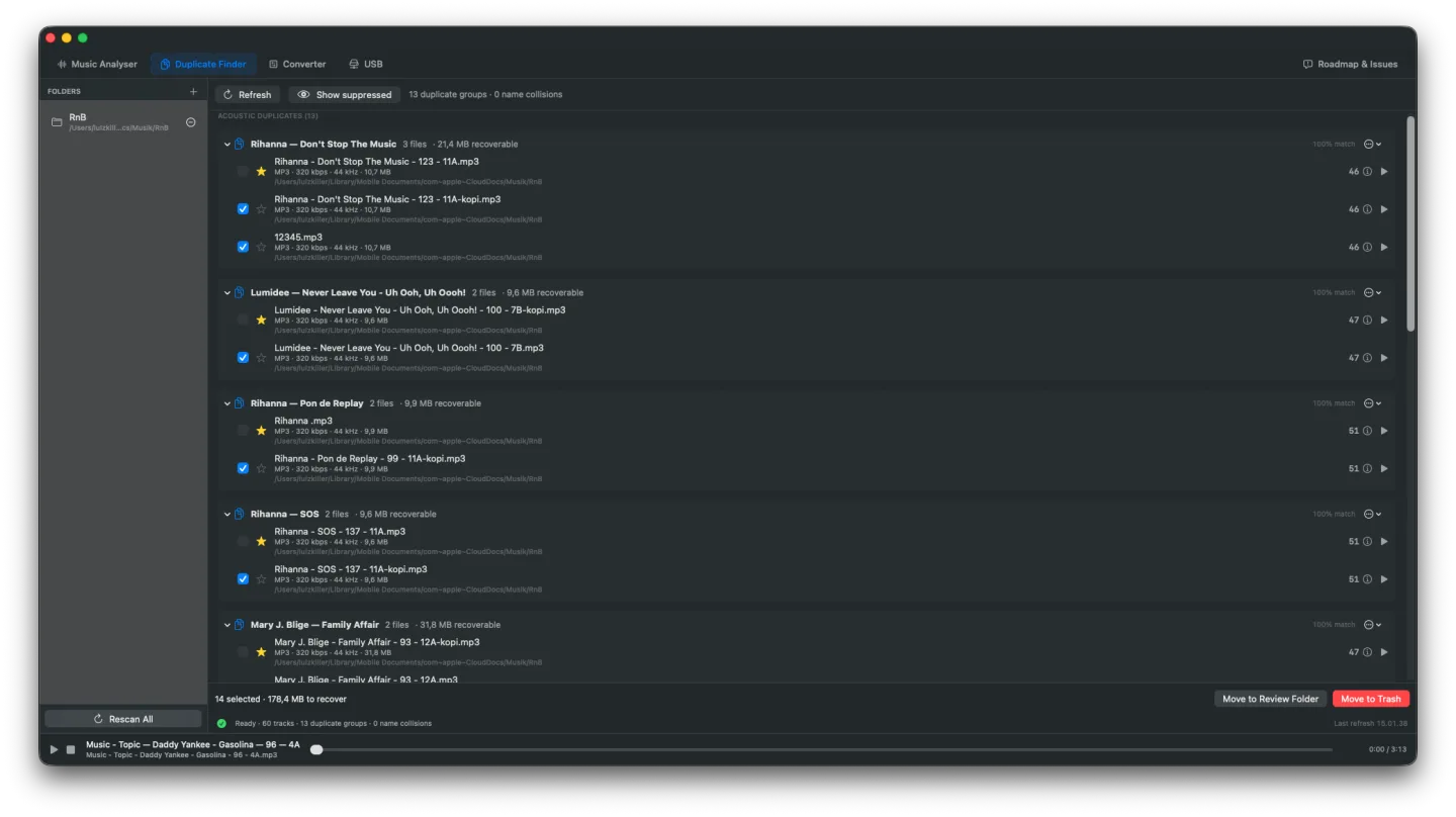 CueRadar's Duplicate Finder tab — grouped duplicates by acoustic fingerprint, each group expanded to show file size, codec, and quality, with Move to Review Folder and Move to Trash actions.