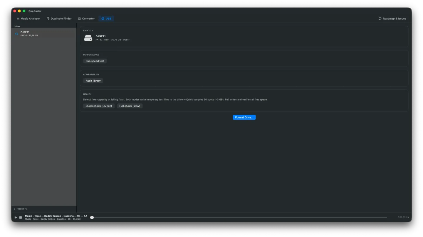 CueRadar's USB tab — drive identity card, run speed test, audit library against the chosen deck profile, quick or full fake-capacity health check, and a Format Drive action.