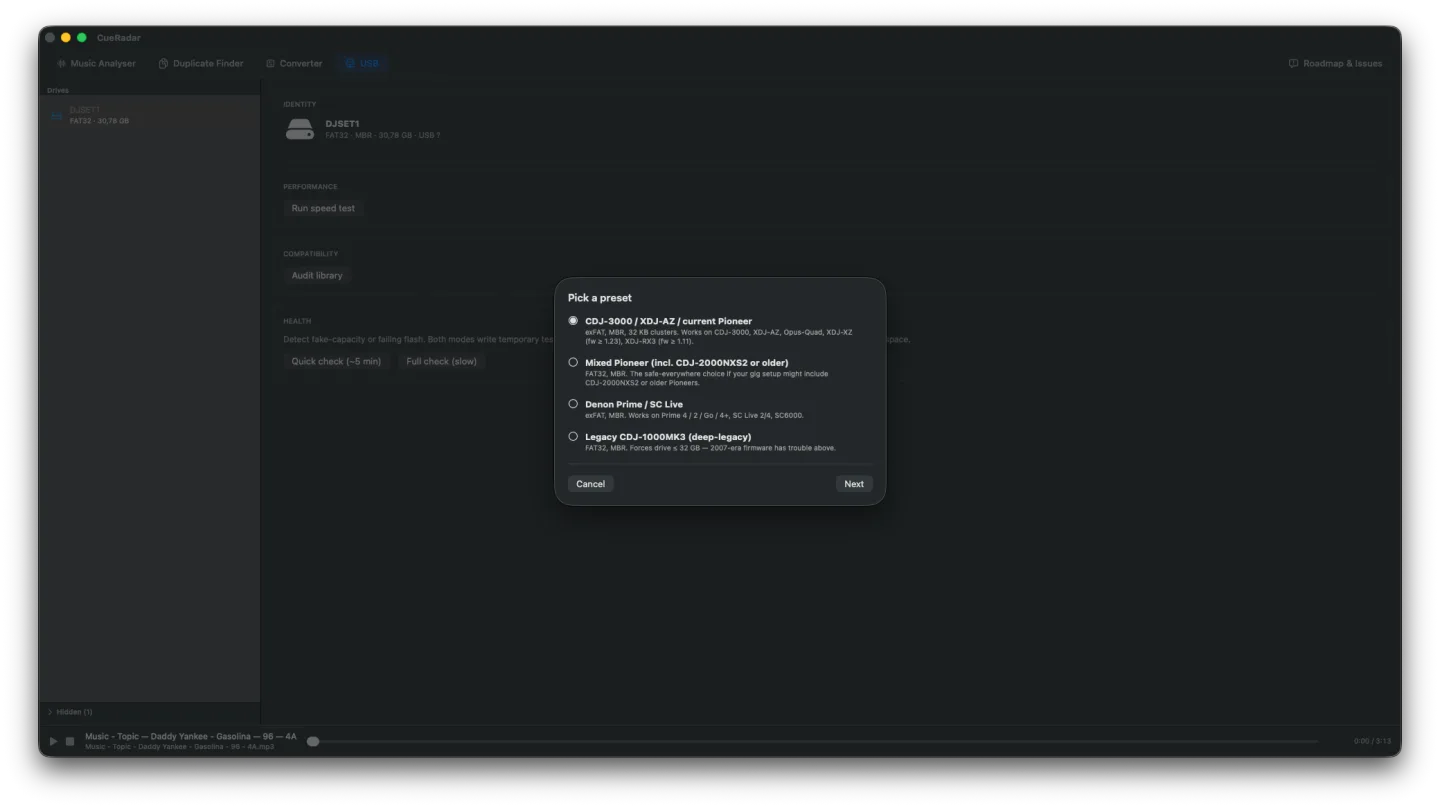Preset picker modal — CDJ-3000 / XDJ-AZ, Mixed Pioneer including CDJ-2000NXS2, Denon Prime / SC Live, Legacy CDJ-1000MK3 — each with the exact filesystem and bitrate constraints it enforces.