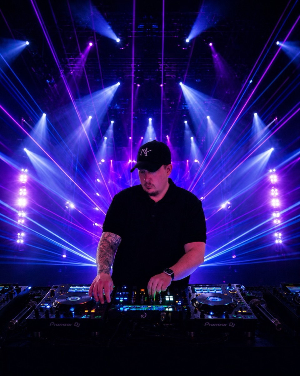 Thomas Gravesen, founder of CueRadar, behind a pair of Pioneer DJ CDJs under stage lights